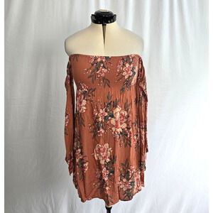 Billabong Night Fox Off Shoulder Dress L Rust Floral Long Sleeves